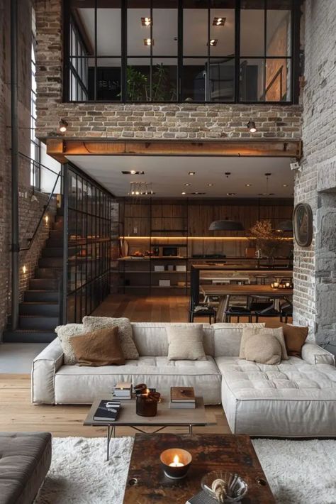 modern-loft-house-design-2 Concrete Loft House, Industrial Loft Design Bedroom, Warehouse Loft Design, Loft Balcony Ideas, Modern Urban Apartment, Urban Townhouse Interior, Urban Loft Apartment Industrial Style, Loft Apartment Exterior, Loft Condo Design