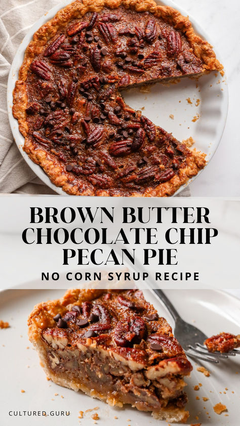 This is the best pecan pie to bring to Thanksgiving, made from scratch with brown butter, maple syrup, honey, and pecans. This is an all-natural, no corn syrup recipe, and the chocolate chips are optional— leave them out for a classic pecan pie. #pecan #pie #thanksgiving Pecan Pie Chocolate Chip Recipe, Pecan Pie Recipe Dark Corn Syrup, Chocolate Pecan Pie No Corn Syrup, Chocolate Pecan Pie Recipe No Corn Syrup, Pecan Pie Without Corn Syrup Recipe, Pecan Pie No Corn Syrup, Pecan Pie Thanksgiving, Brown Butter Pecan Pie, Chocolate Chip Pecan Pie