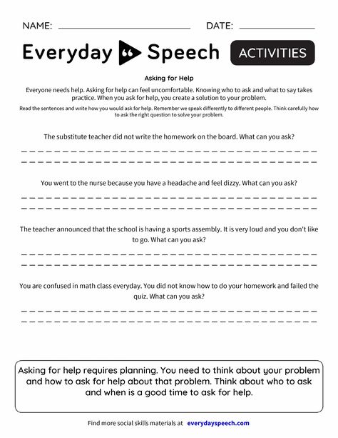 Asking for Help - Q&A - Everyday Speech Everyday Speech, Social Skills Videos, Social Skills Games, Speech Therapy Worksheets, Citing Text Evidence, Counseling Games, Sequence Writing, Emotions Preschool, Flexible Thinking