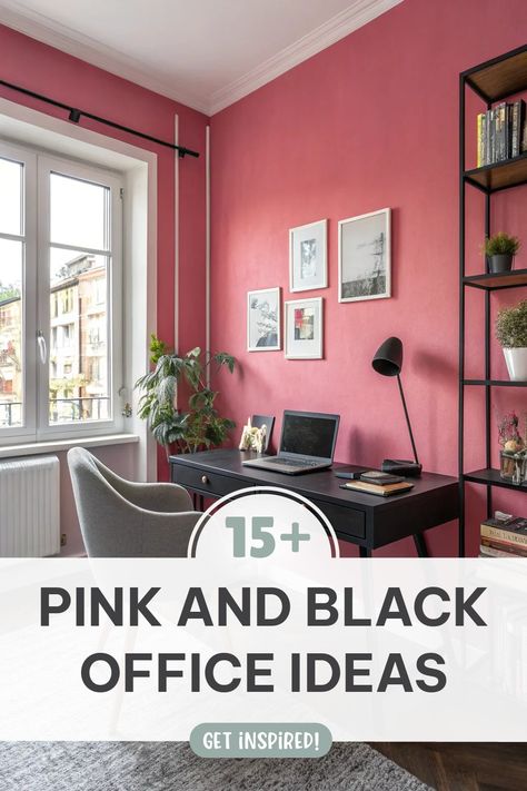 Click for More ➡️ | Save for Later ❤️ | Pink and Black Office Ideas: Elevate your space with unique shelving, lighting, and decor touches. White And Pink Office, Black Office Ideas, Black And Pink Office, Shelving Lighting, Pink Desk Chair, Unique Shelving, Pink Painted Walls, Pink Office Chair, Black Window Frames