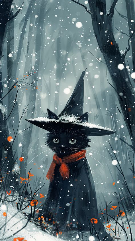 Christmas Black Cat Wallpaper, Yule Cat Art, Christmas Witch Wallpaper, Cat In Snow Aesthetic, Witchy Winter Wallpaper, Cat Winter Wallpaper, Winter Cat Wallpaper, Christmas Wallpaper Cat, Soul Friends