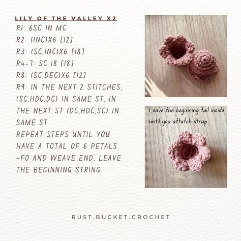 •lily of the valley free pattern• ~by @rust.bucket.crochet . . When publishing your work please give credit to me ☺️❤️ | Instagram Lily Of The Valley Knitting Pattern, How To Crochet A Lily Flower, Crochet Flowers Lily Of The Valley, Lily Flower Crochet Pattern, Lily Of The Valley Crochet Tutorial, How To Crochet Flowers Free Pattern, Crochet Lily Of The Valley Tutorial, Crochet Lily Of The Valley Pattern, How To Crochet Lily Of The Valley