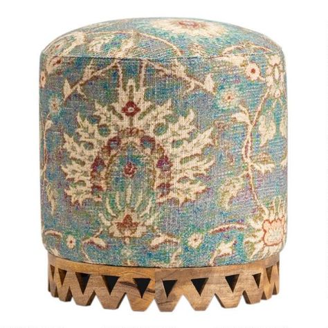 Round Moroccan Style Aina Upholstered Stool | World Market Ottoman Stools, Gray Curtains, Traditional Design Living Room, Wood Side Tables, Red Persian Rug, Slide Rock, Bedroom With Sitting Area, Moroccan Print, Ceramic Garden Stools