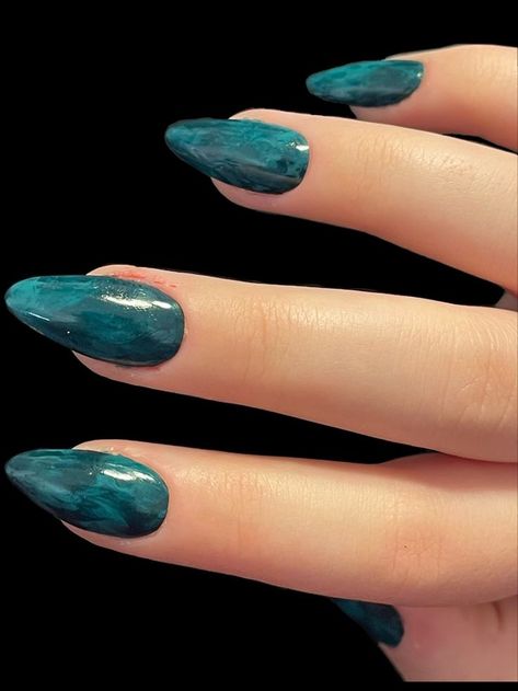 Turquoise Nail Designs Short, Nails Teal Green, Blue Green Almond Nails, Turquoise Nails Acrylic Almond, Green Blue Marble Nails, Teal Almond Shaped Nails, Teal Acrylic Nails Almond, Ocean Green Nails, Dark Teal Almond Nails