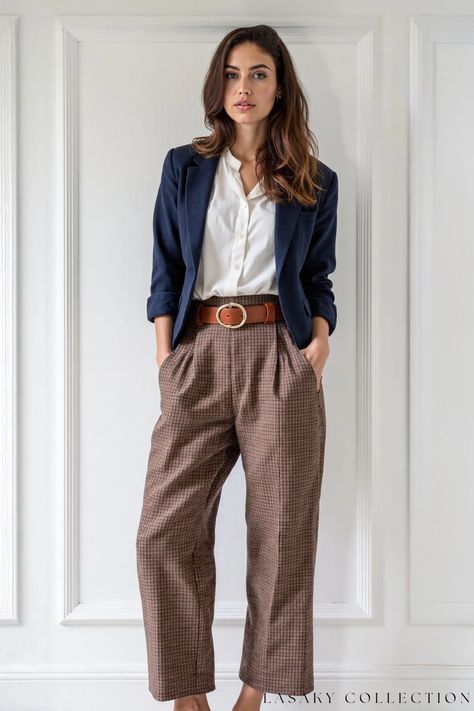 Elegant Navy Blue Blazer and Plaid Pants Set Navy Blue Blazer, Plaid Pants, Pants Set, Navy Blue, Plaid, Blazer, Silk, Navy, Pants