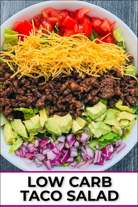 This keto taco salad is the perfect low carb lunch or dinner. Filled with spicy taco ground beef and fresh toppings this dish is one of my favorite keto recipes. And it tastes even better with homemade dairy free ranch dressing! This large salad serves two and has just 2.1g net carbs per serving! Homemade Dairy Free Ranch, Beef Taco Salad Recipe, Taco Ground Beef, Burrito Salad, Dairy Free Ranch, Low Carb Taco Salad, Low Carb Salad Recipes, Low Carb Salad Dressing, Dairy Free Ranch Dressing