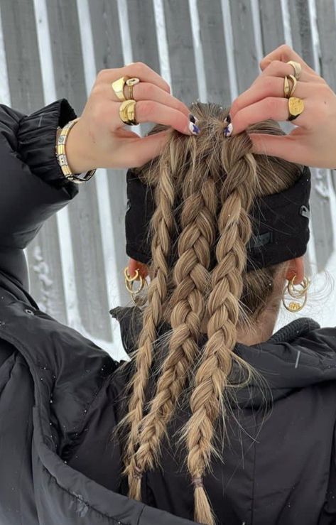 Ski Hairstyles Helmet Long Hair, Excursion Hairstyles, Three Braids Hairstyle, Hairstyles For Skiing, Snow Hairstyles, Skiing Hair, Ski Hairstyle, Skiing Hairstyles, Dancer Hairstyles