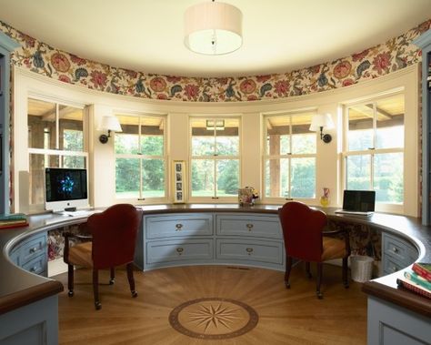 Turret Room Design Turret Room, Traditional Home Offices, Round Room, Multipurpose Office, Curved Desk, Traditional Home Office, European Style Homes, Office Decorating, Office Design Ideas