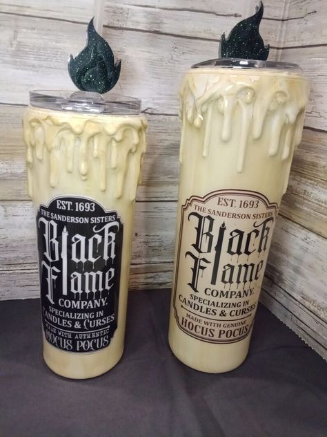 Black Flame Candle Tumbler, Hocus Pocus Tumbler Ideas, Halloween Tumbler Wrap, Hocus Pocus Themed Decor, Hocus Pocus Party Decoration Ideas, Hocus Pocus Decorations Diy, Hocus Pocus Themed Party, Halloween Tumbler Cups, Hocus Pocus Halloween Decorations