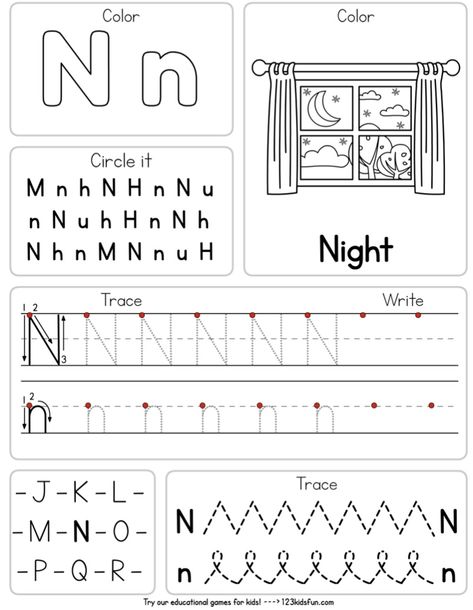 Letter N Worksheets For Kindergarten, Letter N Worksheets For Preschool, Letter N Worksheet, Alphabet Writing Worksheets, Cursive Writing Practice Sheets, Shape Worksheets For Preschool, Letter Recognition Worksheets, Kids Handwriting Practice, Letter Worksheets For Preschool