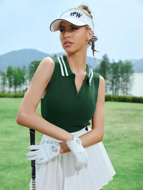 Golf Quarter Zipper Striped Pattern Knit Top | SHEIN UK Golf Editorial, Country Club Attire, Country Club Outfit, Golf Fits, Golf Aesthetic, Cute Golf Outfit, Cute Golf, Golf Women, Tennis Outfit Women