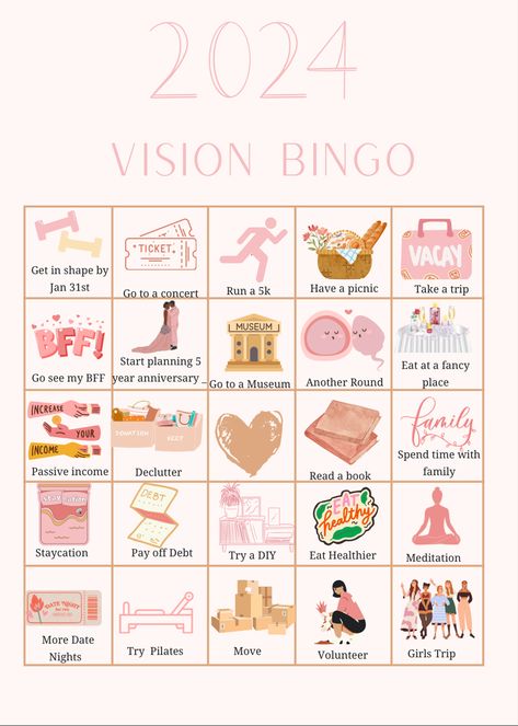 Vision How To Do A Vision Board Ideas, 2024 Vision Board Planning, 2024 Vision Journal, 1 Year Vision Board, Vision Board Bingo Template, Goals For Life Ideas, 2o24 Vision Board, Goal Bingo Board, Things For Vision Board