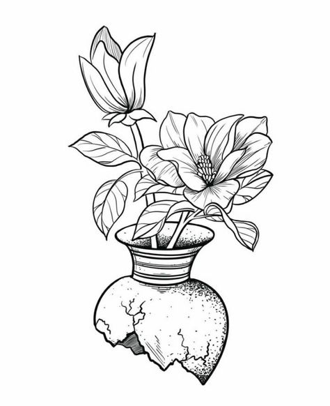 Flowerpot Tattoos, Vase Drawing Ideas, Vase With Flowers Tattoo, Tattoo Botanica, Vase Tattoo, Tattoo Coloring Book, Optical Illusion Tattoo, Cartoon Character Tattoos, Spine Tattoos For Women