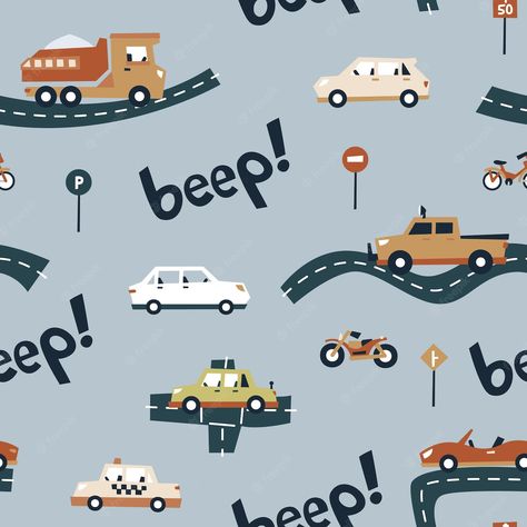 Premium Vector | Seamless pattern small cars traffic isolated on blue background flat style cute print fabric Cars Traffic, Cars Theme Birthday Party, Cute Hippo, Boys Pattern, Kids Vector, Stocking Stuffers For Kids, Cartoon Girl Drawing, Cartoon Boy, Kids Room Wallpaper