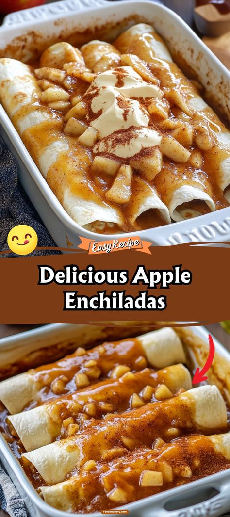 Delight in Apple Enchiladas, a sweet twist on a classic savory dish. Soft tortillas filled with cinnamon-spiced apples and smothered in a sweet syrup, baked until golden. Serve them warm with a scoop of vanilla ice cream for a decadent dessert that's sure to impress. Apple Tacos Desserts, Apple Sauce Desserts, Apple Burritos, Apple Recipes Dinner, Apple Enchiladas, Apple Sweets, Recipe Using Tortillas, Tortilla Dessert, Healthy Apple Desserts