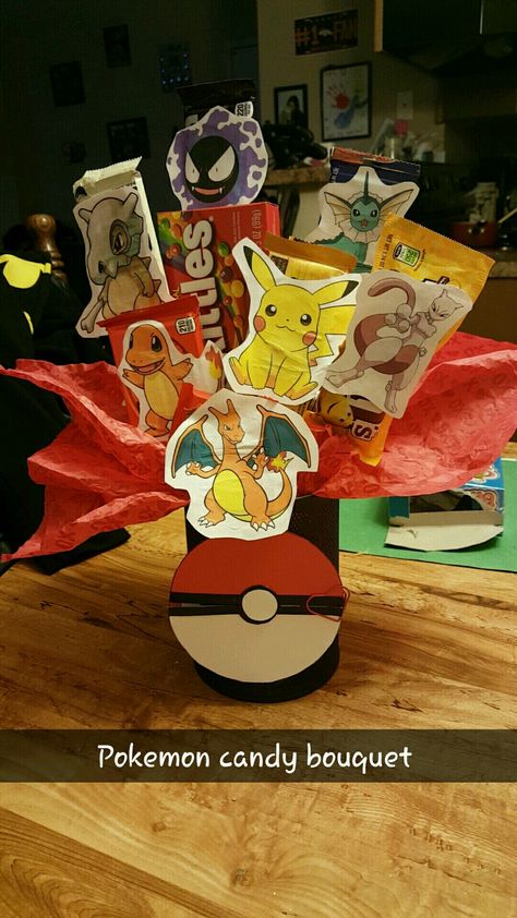 Pokemon Candy bouquet for valentine's day Pokémon Bouquet, Pokemon Card Bouquet, Pokemon Bouquet, Pokemon Candy, Pokemon Valentine, Valentine Bouquet, Diy Gifts For Him, Candy Bouquet, Diy Bouquet