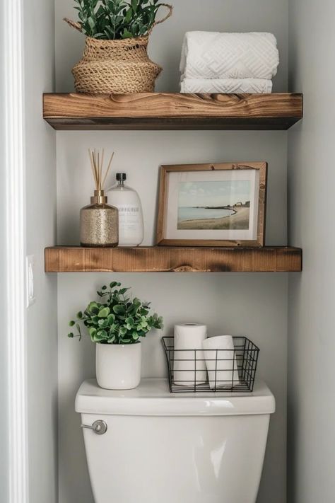 Over Bath Shelf, Half Bath Over Toilet Decor, Downstairs Wc Decor, Bathroom Wall To Wall Shelves, Downstairs Toilet Shelf Ideas, Toilet Room Shelf Decor, Toilet Room Ideas Storage, Toilet Sink Decor, Toilet Wall Shelf