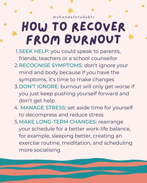 🤕 how to deal with burnout 🤕 • QOTD: do you have any exams coming up? • 💾 𝙎𝙖𝙫𝙚 𝙖𝙣𝙙 𝙨𝙝𝙖𝙧𝙚 𝙩𝙝𝙞𝙨 𝙥𝙤𝙨𝙩 𝙛𝙤𝙧 𝙧𝙚𝙛𝙚𝙧𝙚𝙣𝙘𝙚 𝙖𝙣𝙙 𝙩𝙤 𝙝𝙚𝙡𝙥 𝙚𝙣𝙜𝙖𝙜𝙚𝙢𝙚𝙣𝙩! (𝙖𝙣𝙙 𝙛𝙤𝙡𝙡𝙤𝙬 @myhoneststudyblr 𝙛𝙤𝙧 𝙢𝙤𝙧𝙚!) • ⬅️ 𝙨𝙬𝙞𝙥𝙚 𝙩𝙤 𝙨𝙚𝙚 𝙢𝙮 𝙩𝙞𝙥𝙨 • Lots of people have struggled with burnout and I think we can all agree that it’s not very nice! I hope that this post helps you understand burnout more and gives you some strategies to prevent and then recover from it! • 𝐖𝐇𝐀𝐓’𝐒 𝐂𝐎𝐕𝐄𝐑𝐄𝐃 [🤔] What is burnout? —> Burnout is a negative emotiona... How To Recover From Burnout, Managing Burnout, Mental Burnout, Nurse Burnout, Burnout Prevention, School Counsellor, Prevent Burnout, Study Stuff, Life Advice Quotes