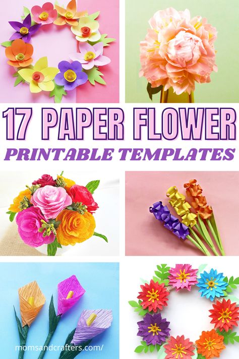 Loads and loads of crepe paper flowers and cardstock flower ideas for adults and for kids! Free templates for everything. Flower Templates Printable Free, Paper Flower Printable Templates, Paper Rose Template, Flower Templates Printable, Diy Mother's Day Crafts, Paper Flower Wreaths, Paper Flower Patterns, Making Flowers, Easy Paper Flowers