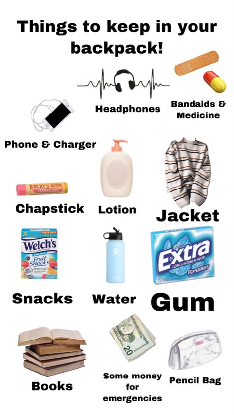 Things to keep in your backpack or bag/purse! I forgot to add: simple makeup & lipgloss (if you wear any) pads (for girls, if you use them!) and extra hair ties! Bag Necessities, Welches Fruit Snacks, Makeup Lipgloss, Side Bags, Cross Bag, Fruit Snacks, Burts Bees, Pencil Bags, Girl Backpacks