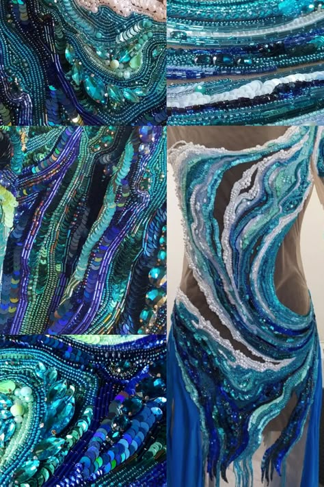 Water Inspired Costume, Sea Life Inspired Fashion, Water Dress Aesthetic, Mythology Embroidery, Bead Embroidery Dress, Ocean Textiles, Ocean Inspired Dress, Beading Clothes, Ocean Inspired Fashion