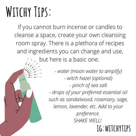 Tips for Witches Everywhere! ✨ on Instagram: “I’ll be redoing some really old WitchyTips from like 2014! Here is one I still get asked about when you can’t smoke cleanse. 💨 Whether it…” Witchy Room, Witch Tips, Broom Closet, Cleansing Spray, New Moon Rituals, Witchy Stuff, Lets Do It, Room Spray, Book Of Shadows