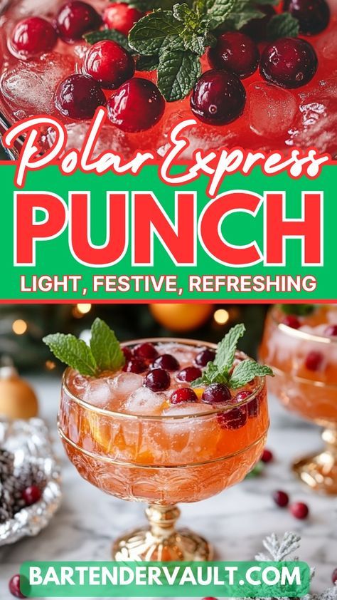 The Polar Express Punch is your ticket to a merry and bright holiday gathering! This fruity, bubbly punch combines sparkling wine, cranberry juice, and orange juice for a refreshing and festive sip. Perfect for serving a crowd, it’s one of the best Christmas punch recipes to bring holiday cheer to your table. Whether you need a fun Christmas morning punch or a lively Christmas punch alcoholic for your party, this drink is a must-try! It's as easy as a Jungle Juice recipe but with all the holiday magic. Pin for later and visit the link above for this and many more easy and delicious Christmas cocktail recipes! Christmas Wine Punch Recipes, Polar Express Recipes, Holiday Jungle Juice, Xmas Punch Recipes, Polar Express Food, Christmas Morning Cocktails, Rudolph Punch, Holiday Punch Recipes Alcoholic, Christmas Punch Alcoholic