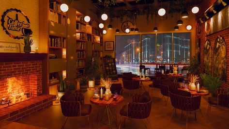 Cozy Piano Jazz and Fireplace Sounds | Rainy Evening at the Bookstore Cafe Cafe With Fireplace, Cozy Jazz Cafe, Cafe Ambience Aesthetic, Jazz Cafe Aesthetic, Rainy Cafe, Fireplace Sounds, Cozy Cafe Interior, Jazz Aesthetic, Cafe Aesthetics