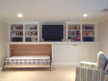 Cape Cod Basement Renovation - transitional - Basement - Boston - JW Construction Rec Room Basement, Transitional Basement, Head Boards, Murphy Bed Ikea, Murphy Bed Diy, Murphy Bed Plans, Pull Out Bed, Bedroom Remodel, Basement Bedrooms