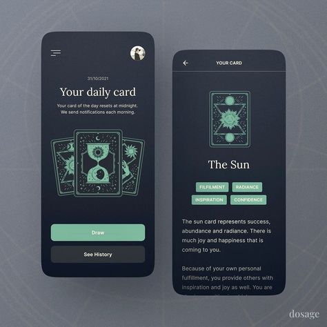 UI/UX/WEBDESIGN INSPIRATION on Instagram: “Download Layout: 33.dosage.global Color Scheme: Diad - Tarot app By Elliot - #dosageglobal #app #ui #layoutdesign #colorpalette #webdesign…” Tarot App, Card Ui, App Interface Design, Tarot Card Reading, Webdesign Inspiration, Mobile Ui Design, App Interface, Mobile App Ui, App Ui Design