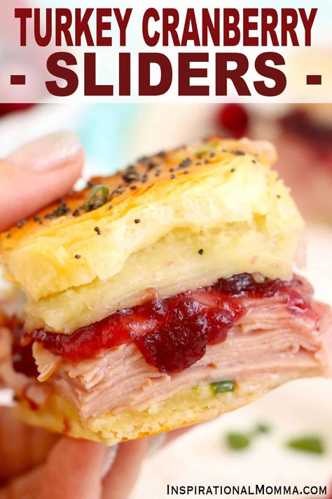 Turkey cranberry sliders are an easy recipe you can make any time you want a taste of the holidays. Cheese, turkey, and cranberry sauce? Yes! #inspirationalmomma #turkeycranberrysliders #turkeysliders  via @inspiremomma Ham And Cranberry Sliders, Baked Turkey And Cranberry Sliders With Havarti, Deli Turkey Recipes Dinner, Turkey Sliders Recipes, Turkey Cranberry Sliders, Cranberry Sliders, Sliders Recipes Turkey, Turkey Side Dishes, Turkey And Cranberry