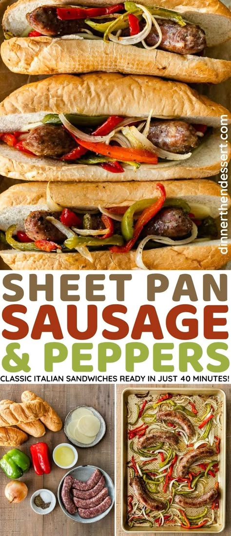 Sausage Peppers And Onions Sandwich, Italian Sausage Link Recipes Dinners, Sheet Pan Sausage And Peppers, Sausage Sandwich Recipes, Sausage And Peppers Sandwich, Baked Italian Sausage, Sausage And Peppers Recipe, Italian Sausage Sandwich, Sheet Pan Sausage