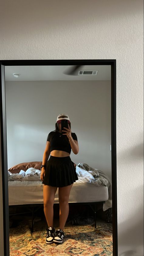 Low Dunks With Skirt, Nike Dunk Skirt Outfit, Nike Dunk Low Panda Outfit, Black Tennis Skirt Outfit, Drinking Outfit, Day Drinking Outfit, Dunk Panda, Panda Outfit, Gym Outfits For Women