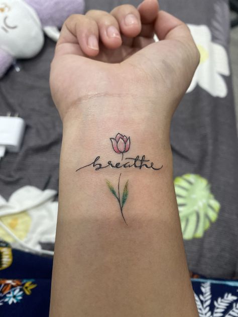 Reminding your self to Breathe when Stressed Breathe Tattoos For Women, Just Breathe Tattoos For Women, Breathe Tattoos, Just Breathe Tattoo, Dandelion Tattoo Design, Luck Tattoo, Dandelion Tattoo, Birth Flower Tattoos, Sleeve Ideas