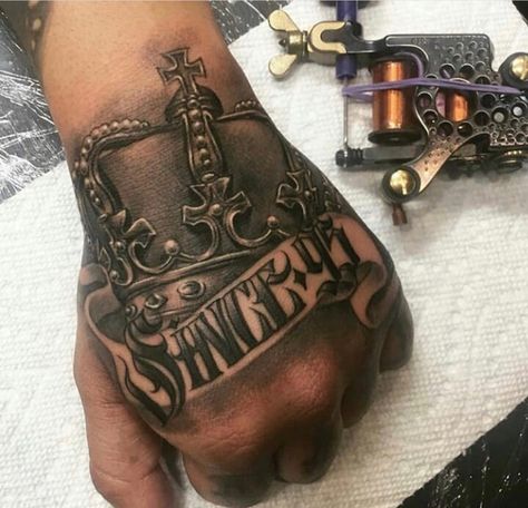 Cover Up Tattoos For Men Arm, Crown Hand Tattoo, Back Of Hand Tattoos, Fake Skin Tattoo, Loyalty Tattoo, Herren Hand Tattoos, Chicanas Tattoo, Full Hand Tattoo, Health Tattoo