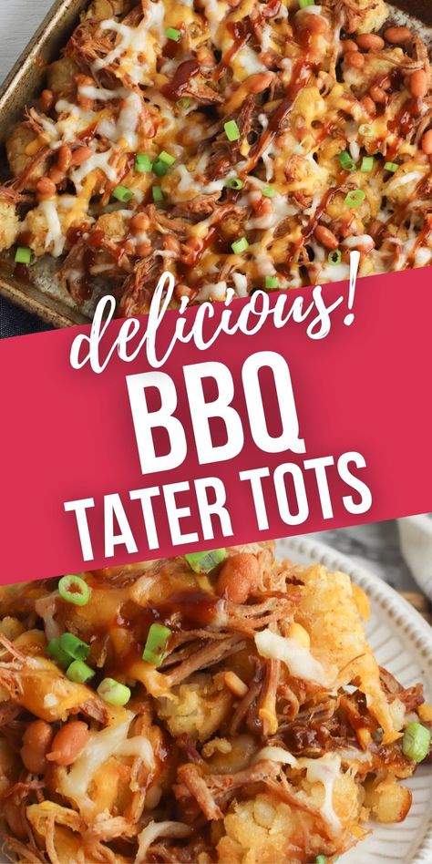 Pulled Pork Totchos Recipe, Pulled Pork Tater Tot Casserole, Pulled Pork Appetizer Ideas, Pulled Pork Appetizer, Tot Recipes, Totchos Recipe, Beans And Cheese, Hotdish Recipes, Easy Pulled Pork