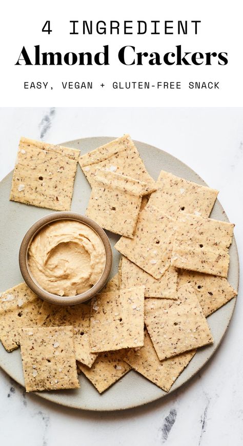 Homemade almond flour crackers with 4 simple ingredients: almond flour, water, flaxseed and salt. They’re low-carb, gluten-free and delish! Clean Eating Crackers, Almond Flour Crackers Vegan, Savory Almond Flour Recipes, Almond Flour Crackers Recipe, Almond Crackers, Almond Flour Crackers, Gluten Free Cracker Recipe, Paleo Crackers, Savory Cookies