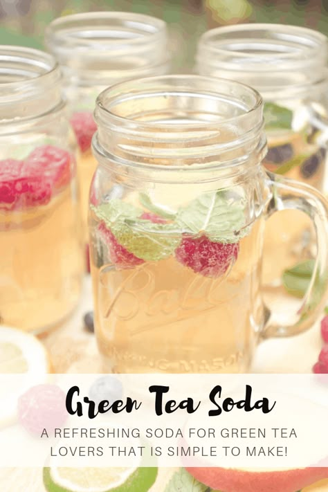 Green Tea Soda - A Grande Life Soda Stream Recipes, Tea Soda, Tea Drink Recipes, Drink Recipes Nonalcoholic, Soda Recipe, Iced Tea Recipes, Soda Stream, Healthy Drinks Recipes, Snacks Für Party