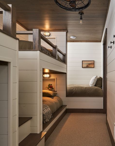 Mountain Bunk Room, Built Bunk Beds, Cabin Bunk Room, Lake House Bunk Rooms, Bunk Bed Wall, Lakefront Cabin, Three Season Porch, Cabin Interior Design, Bunk Beds Built In