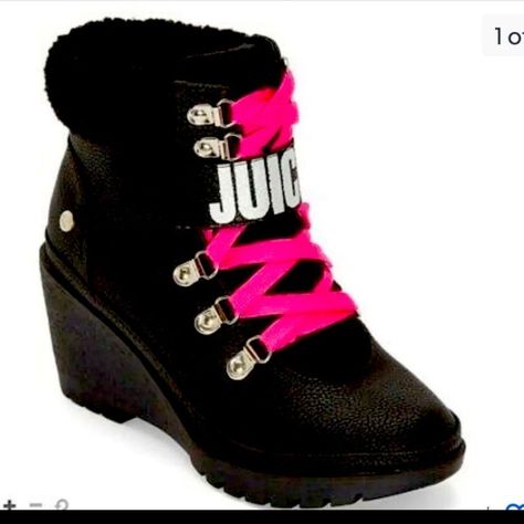 Juicy By Juicy Couture Size 11 Black Faux Leather Wedge With Black Fur Accent Neon/Fluorescent/Hot Pink Laces/Lacing Silvertone Hardware And Metallic Silver Strap/Band Features: Memory Foam Closure Type: Lace-Up Boot Shaft Height: 4 Inches Shoe Heel Height: 3 Inches Upper/Outer Base Material: 100% Urethane Shoe Lining Material: Synthetic Sole Material Content: 100% Polyurethane Toe Type: Closed Toe Heel Style: Wedge Heel Country Of Origin: Imported Stock Photos Are For Reference Only Color Actua Juicy Couture Sneakers, Juicy Couture Boots, Couture Heels, Closed Toe Heel, Black Kawaii, Designer Ankle Boots, Juicy Couture Shoes, Couture Shoes, Black Platform Boots