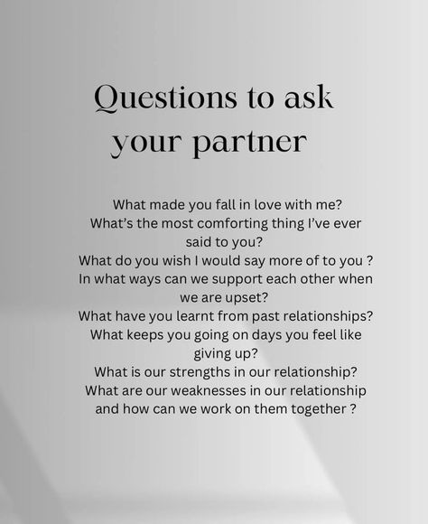 questions to ask your partner Questions To Ask In A Serious Relationship, Partner Check In Questions, Questions To Grow Your Relationship, Questions To Save A Relationship, Deep Relationship Questions To Ask Him, Questions To Connect With Your Partner, Questions To Ask A Potential Partner, Deep Emotional Questions, Important Relationship Questions