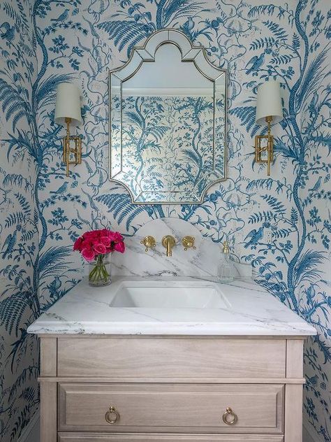 Blue Powder Room, Thistle Wallpaper, Elegant Powder Room, Beautiful Powder Rooms, Pineapple Wallpaper, Powder Room Wallpaper, Powder Room Decor, Dream Future, Bathroom Color Schemes