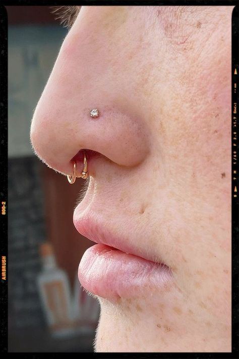 Double Septum Piercing Double Septum Ring, Septum Piercing Placement, Double Septum Piercing, Double Nose Piercing With Septum, Dainty Septum Piercing, Septum Piercing Gold, Double Septum, Strong Nose, Nose Jewellery