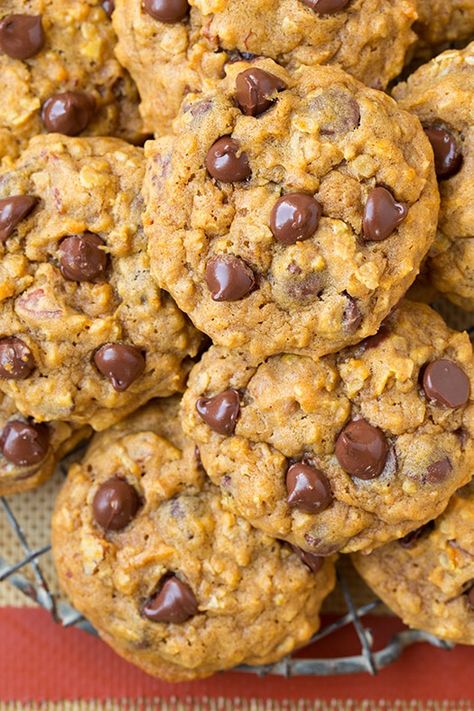 Pumpkin-Oat Chocolate Chip Cookies - Cooking Classy Pumpkin Oat Chocolate Chip Cookies, Pumpkin Oatmeal Chocolate Chip Cookies, Oat Chocolate Chip Cookies, Dessert Light, Pumpkin Oats, Cookie Sandwich, Pumpkin Chocolate Chip Cookies, Pumpkin Chocolate Chip, Oatmeal Chocolate Chip