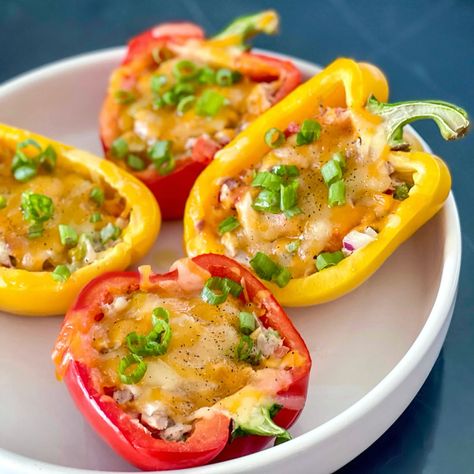 Air Fryer Tuna Melt, Tuna Stuffed Peppers, Air Fryer Tuna, Mexican Cheese Blend, Roma Tomato, Vegan Paleo Recipes, Yellow Bell Pepper, Tuna Melt, Tuna Recipes