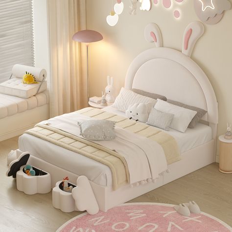 Full Size Upholstered Bed, Upholstered Bed With Storage, Velvet Platform Bed, Rabbit Bedding, Cartoon Ears, Velvet Bed Frame, Shaped Headboard, Twin Size Bed Frame, Hello Kitty Rooms