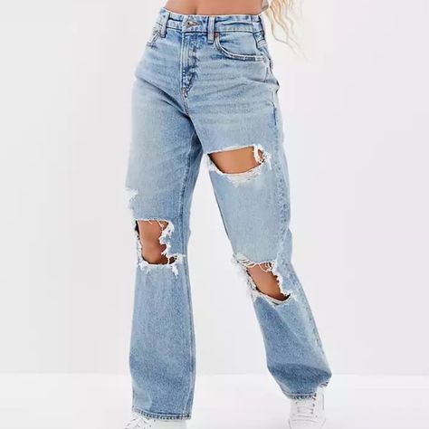 American Eagle Stretch Ripped Curvy '90s Straight Jean Ripped Jeans Inspo, Cute Mom Jeans, American Eagle Mom Jeans, Ripped Mom Jeans, 90s Looks, Cute Jeans, American Eagle Jeans, Mens Outfitters, American Eagle Outfitters Jeans