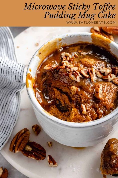 This is the ULTIMATE microwave sticky toffee pudding mug cake! With a rich, caramel flavoured sponge dotted with dates and a self saucing toffee sauce. It's so easy to whip together you'll have the perfect dessert in under 10 minutes. Super fast, delectable, indulgent, toffee flavoured mug cake dessert. You won't regret topping with ice cream or cream to make it extra special. You need this recipe for when you have a hankering for a dessert but don't want to exert much effort! | eatloveeats.com Self Saucing Mug Cake Microwave Recipes, Sticky Toffee Pudding Mug Cake, Sticky Toffee Mug Cake, Self Saucing Mug Cake, Microwave Pudding In A Cup, Date Mug Cake, Microwave Sticky Toffee Pudding, Microwave Self Saucing Pudding, Easy Sticky Toffee Pudding