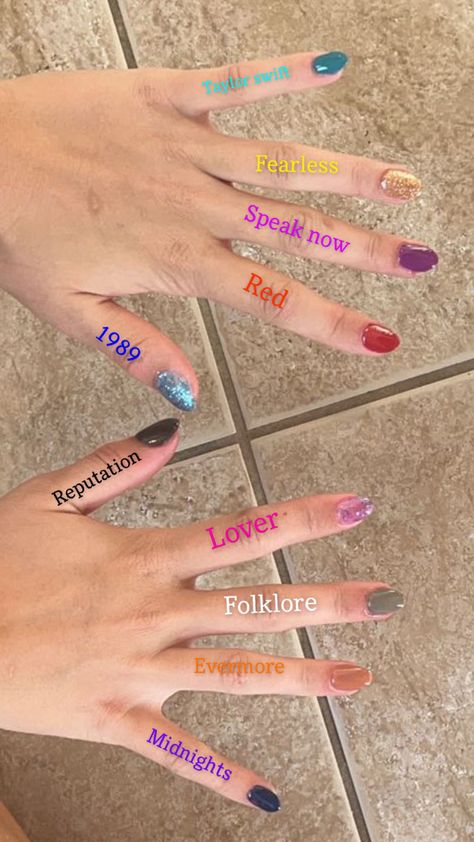 Taylor Swift Album Colors Nails, Taylor Swift Album Inspired Nails, Taylor Swift Manicure Eras, Rep Era Nails, 1989 Taylor Swift Nail Ideas, Easy Taylor Swift Nails, Eras Tour Nails Taylor Swift, Taylor Swift Nails Short, Taylor Swift Album Nails