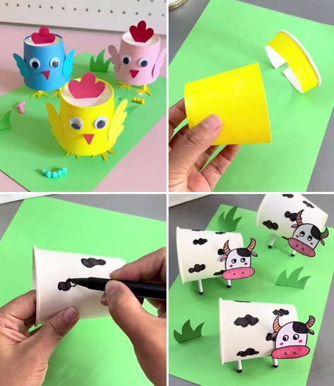 Creative DIY Chick & Cow Paper Craft Ideas | animal, craft | Easy Paper Cup Farm Animal Crafts for Kids :) | By Kids Art & Craft | Facebook | Everybody, next we are going to make flock of chickens using paper cup. First take a yellow paper cup then draw the comb on red craft paper and paste it on the paper cup. Then draw its wings. Paste its eyes, mouth. Now roll a craft paper. Make a stick and cut into half to make the feet of chicken. Now make its claws and paste them inside the paper cup and Chicken Glove Cup Craft, Cow Paper Craft, Paper Cup Animal Craft, Paper Cup Animals, Vikram Thakor, Plastic Cup Arts And Crafts, Paper Cup Bunny Craft, Farm Animal Crafts For Kids, Bunny Cup Craft